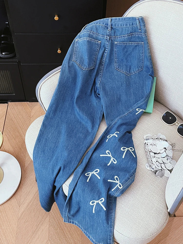 Vintage Women's Bowknot Print Y2K Fashion Wide Leg High Waist Denim Pants Boyfriend Jeans Loose Fit Vintage Jeans for Teen Girls