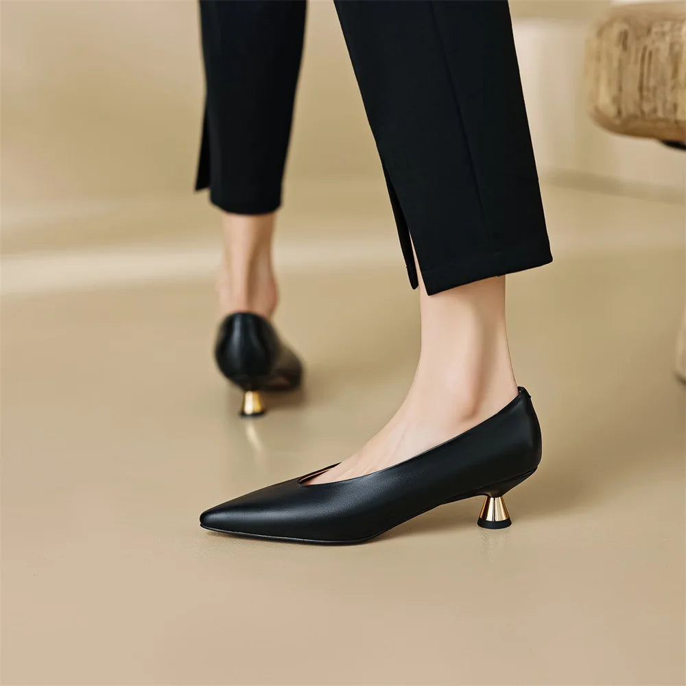 Taoffen Spring/Autumn Women's Pumps Real Leather Pointed toe High Heel Fashion Slip On Thin Heels Solid Casual Office Lady Shoes