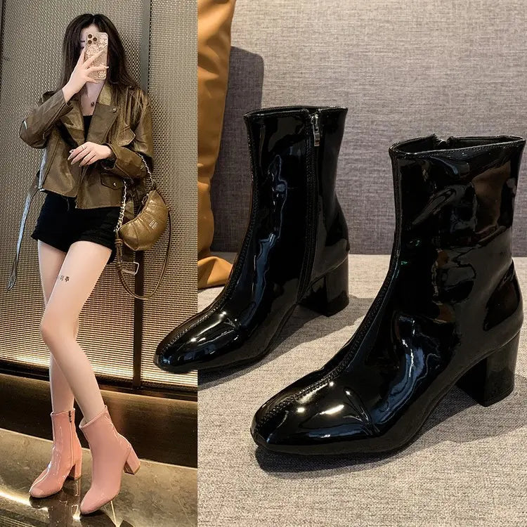 Zipper Big Size Shoes Woman White Ankle Boots Boots-Women Winter Footwear Large Size Low Leather 2024 Rubber Ladies High Heel Au