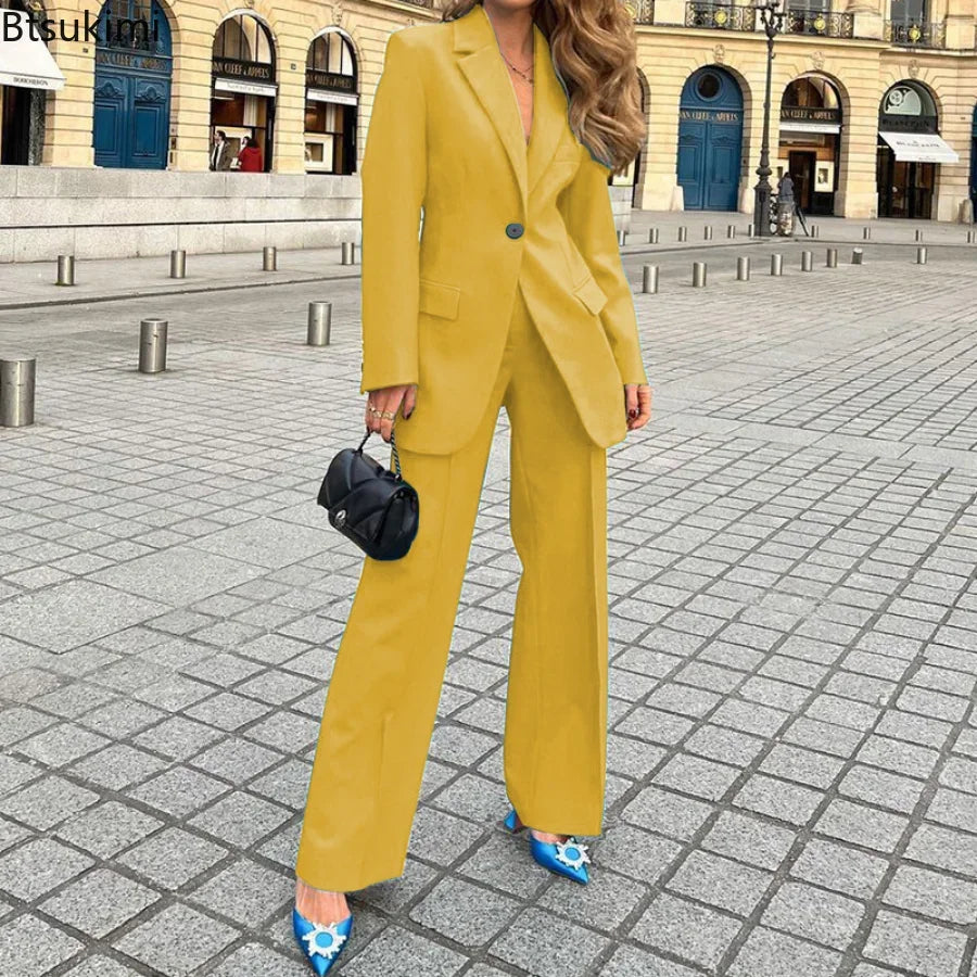 2024 Women's 2PCS Formal Dress Sets Elegant Solid Long Sleeve Blazer Suits and Pants Business Office Two Piece Set Female Sets