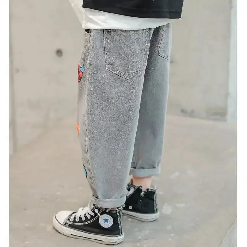 Boys' Jeans Spring and Autumn New Funny Head Medium and Big Children's Casual Children's Clothing Spring Loose Long Pants