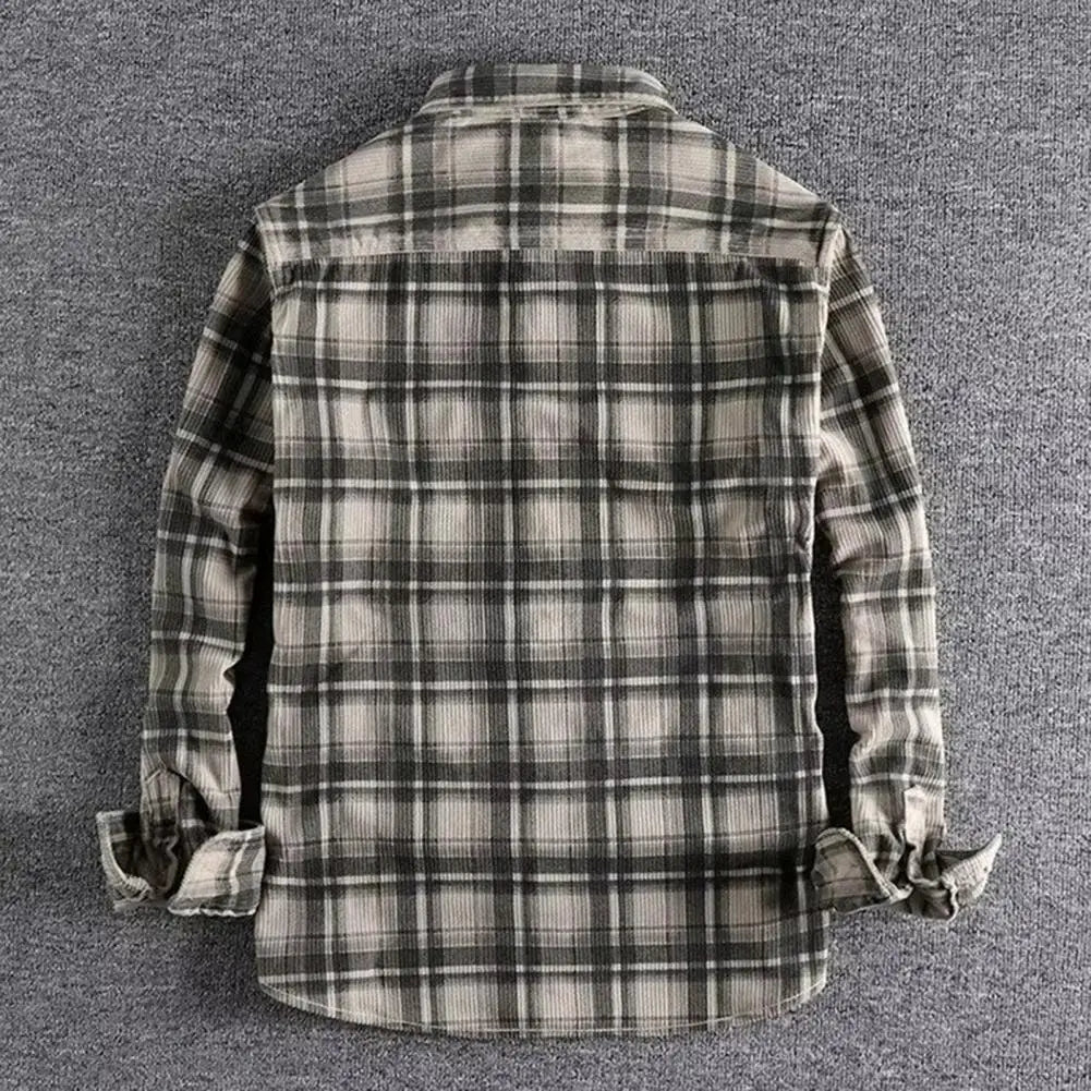 Single-breasted Shirt Men's Plaid Print Cardigan Shirt Coat for Fall Winter with Turn-down Collar Single-breasted Design Stylish