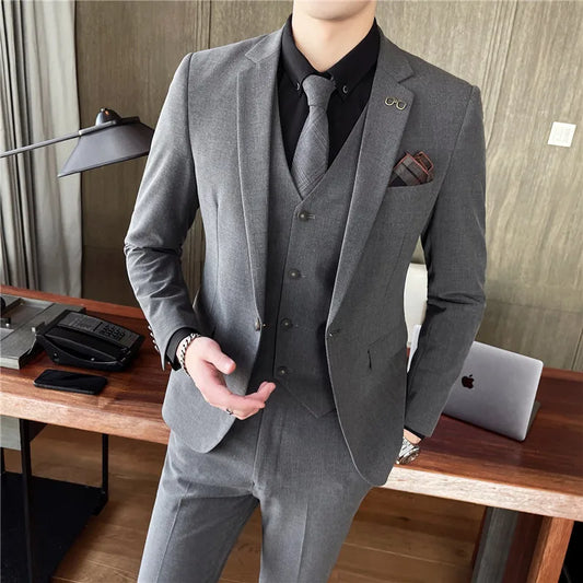 [Jacket+Vest+Pants] 2022 men's striped business suit jacket/men's slim cotton three-piece suit/men's plaid groom dress S-4XL