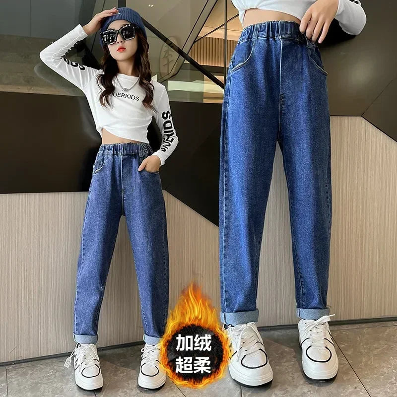 2024 Teen Padded Jeans Pants Girl Winter Casual Denim Wide Leg Kids Velvet Warm Autumn Children Fashion Straight Trousers