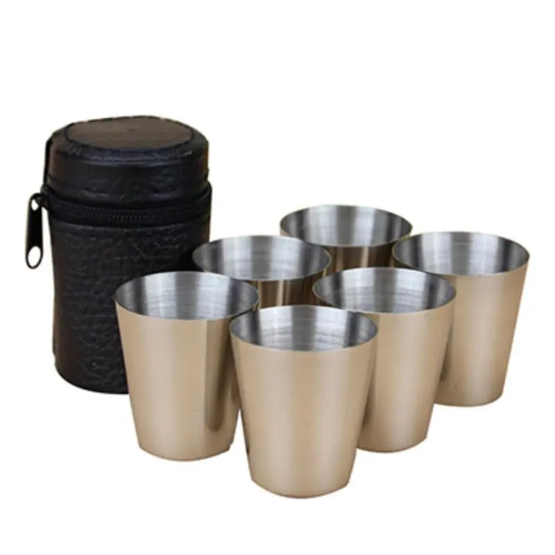 6Pcs Polished 30 Ml Mini Stainless Steel Shot Glass Cup Drinking Wine Glasses With Leather Cover Bag For Home Kitchen Bar