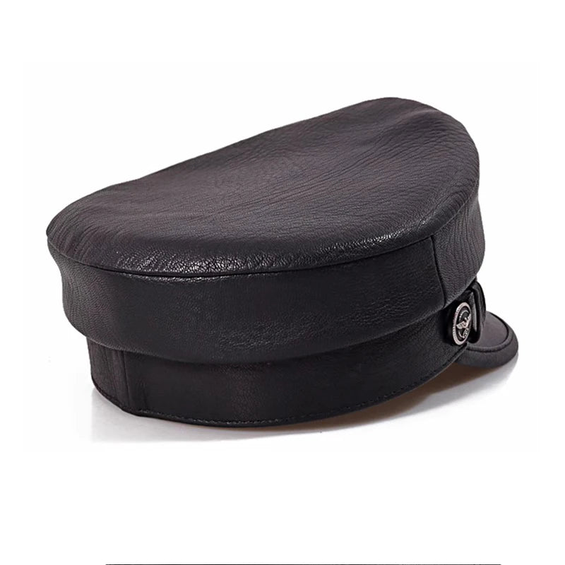 Novelty Winter Men‘s Genuine Leather Hat Male Flat Top Badge Locomotive Retro Military Caps Students Punk Cortical Chain Gorra