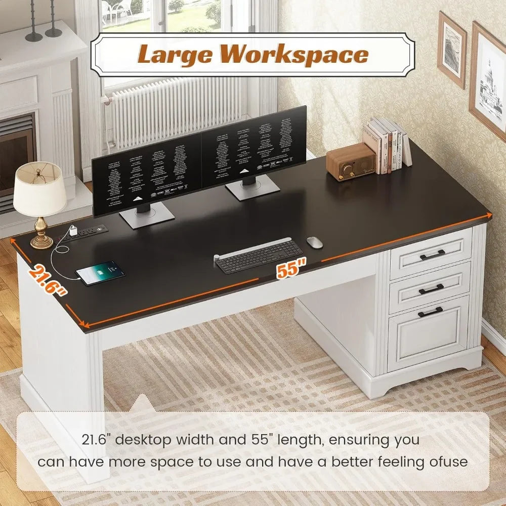 Office Desk with 3 Drawers, 55" Executive Computer Desk with Storage Drawers, Farmhouse Desk with Power Outlet for Home Office
