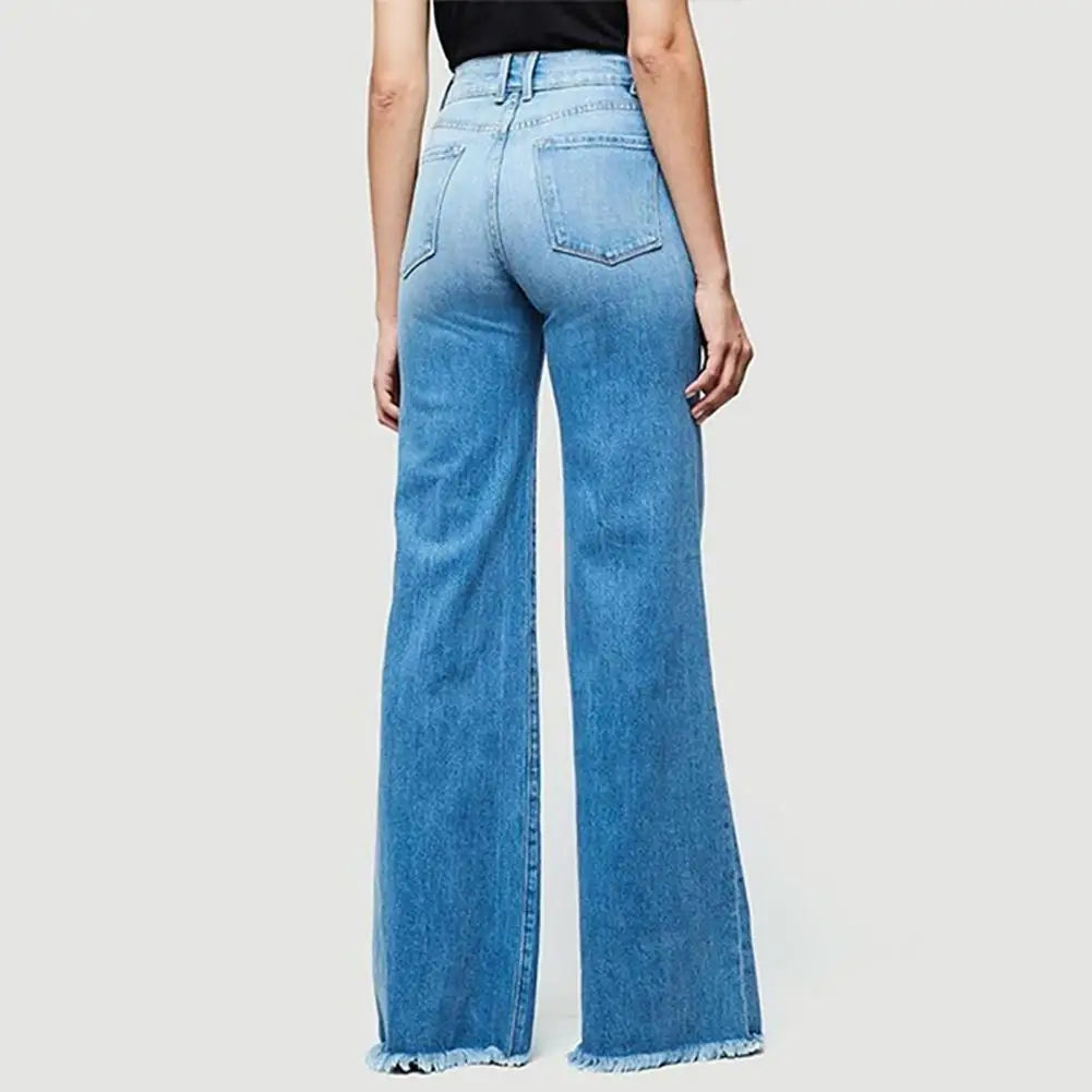 Women Wide Leg Jeans Tassel Fashion Plus Size Ladies Jeans Slimming Fit Flared Denim Pants Mid-Waist Flare Jeans Streetwear