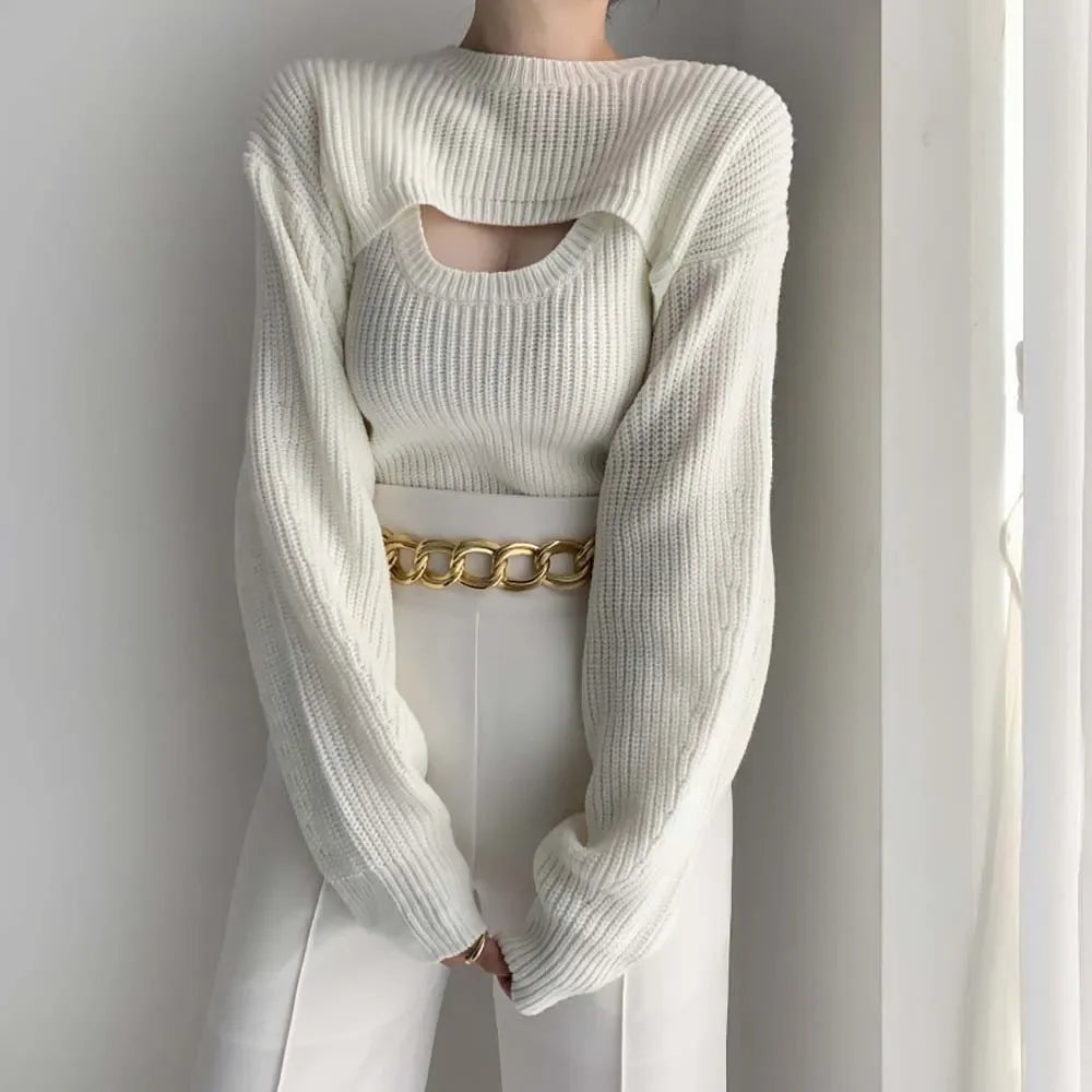 2023 Women Knit White Y2K Bolero 2 Piece Sweater Shrug Ladies Long Sleeve Fall Outfit Clothes Knit Wear Shrug Sweater Cardigan