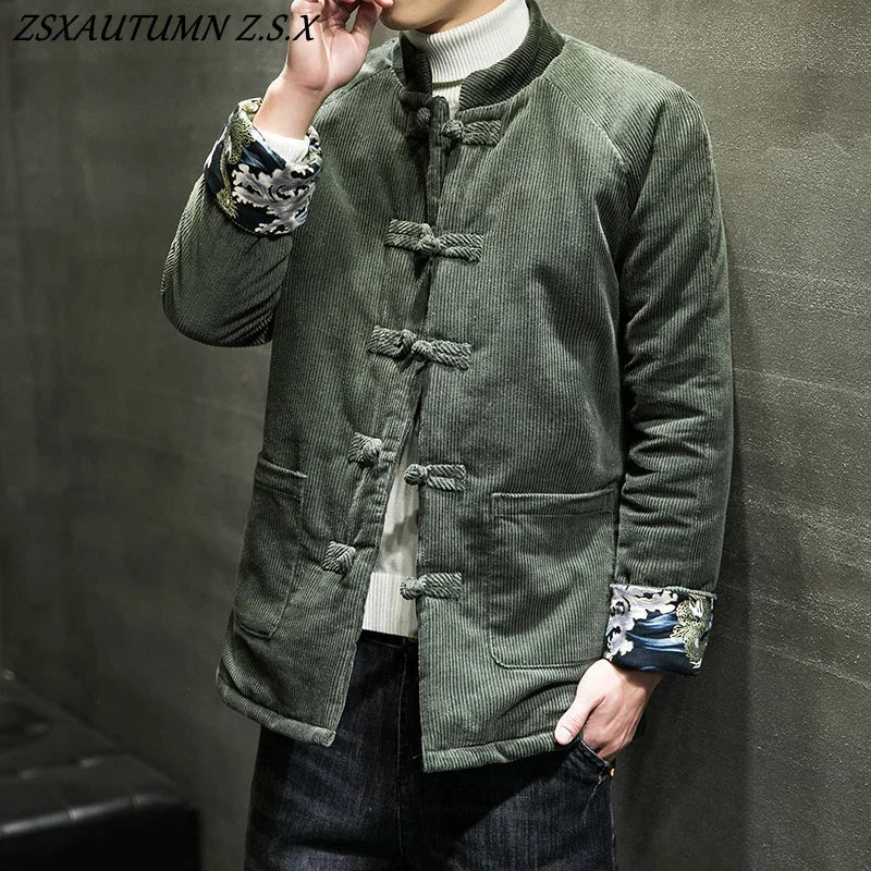 China Corduroy Jacket Men's Cotton-padded Jacket Ancient Style Winter Warm Padded Jacket Retro Chinese Coat Traditional Dress