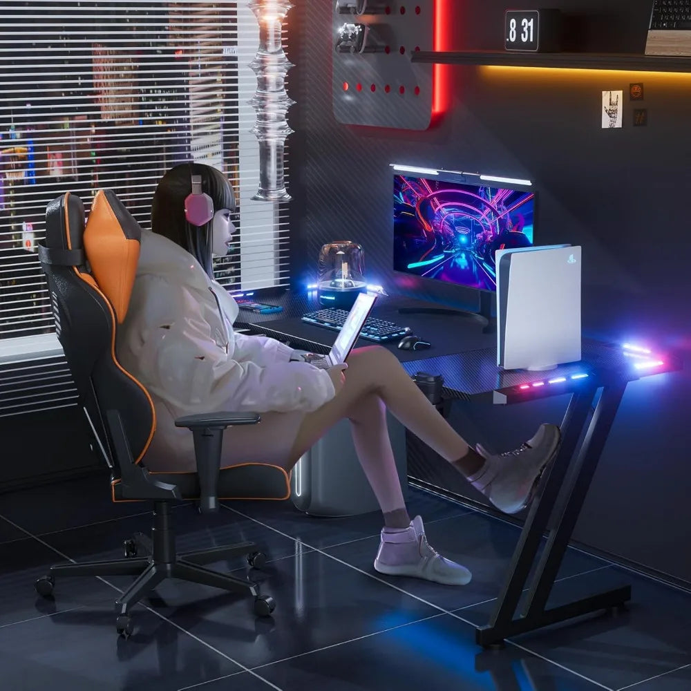 63 Inch Gaming Desk with LED Lights Carbon Fibre Surface Gaming Table Large Computer Desk Ergonomic Home Office Desks Z Shaped