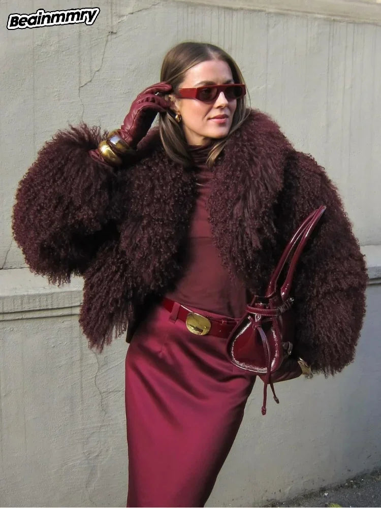 Women Chic Burgundy Fluffy Faux Fur Short Coat Luxury Lapel Thick Warm Furry Jacket 2024 New Lady Fashion High Street Outerwear