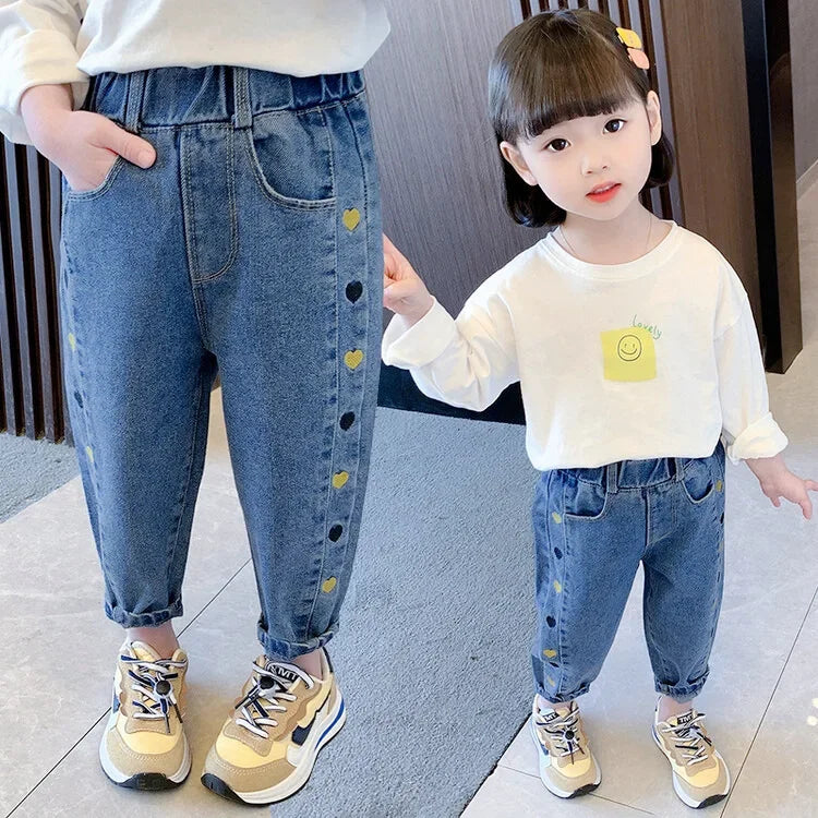 Girls' Pants Spring Fall 2024 Children'S Pants Spring Baby Jeans Medium Children Embroidered Stretch Pants Athletic Trousers