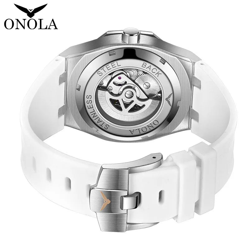 ONOLA Fashion Mens Automatic Watches Luxury Waterproof Rainbow Ice Diamond Sport Silicone Strap Men Mechanical Wristwatches 2024