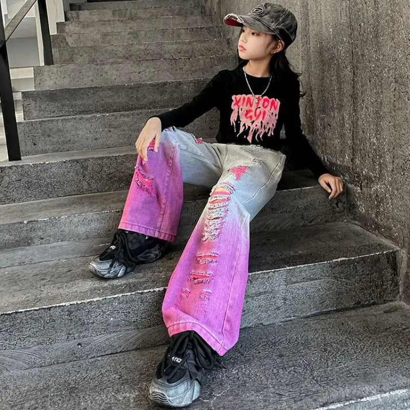 2024 Teenage Girls Hole Wide Leg Pants Fashion Loose Street Gradient Color Jeans for Kids Clothes 4-14Y School Children Trousers