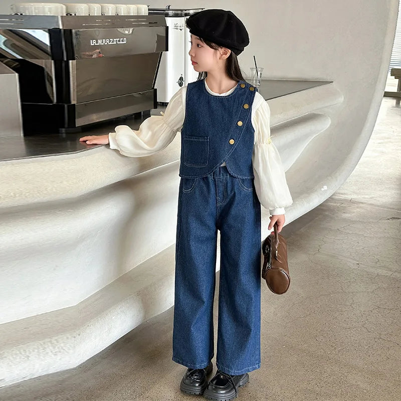 autumn teen girls denim suit Irregular cowboy vest+bubble sleeve shirt+denim wide leg pants junior kids jeans suit child outfits