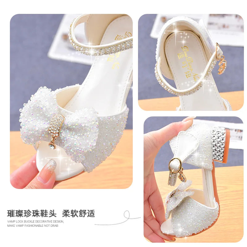 Children's Sandals Summer 2024 New Kids Crystal Bowknot Girls High Heels Soft Soled White Princess Wedding Performance Shoes