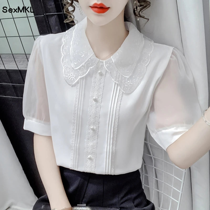 Vintage Summer Chiffon Blouses Women 2024 Elegant Fashion White Blusas Mujer Beading Sexy Puff Sleeve Casual Ladies Tops Shirts