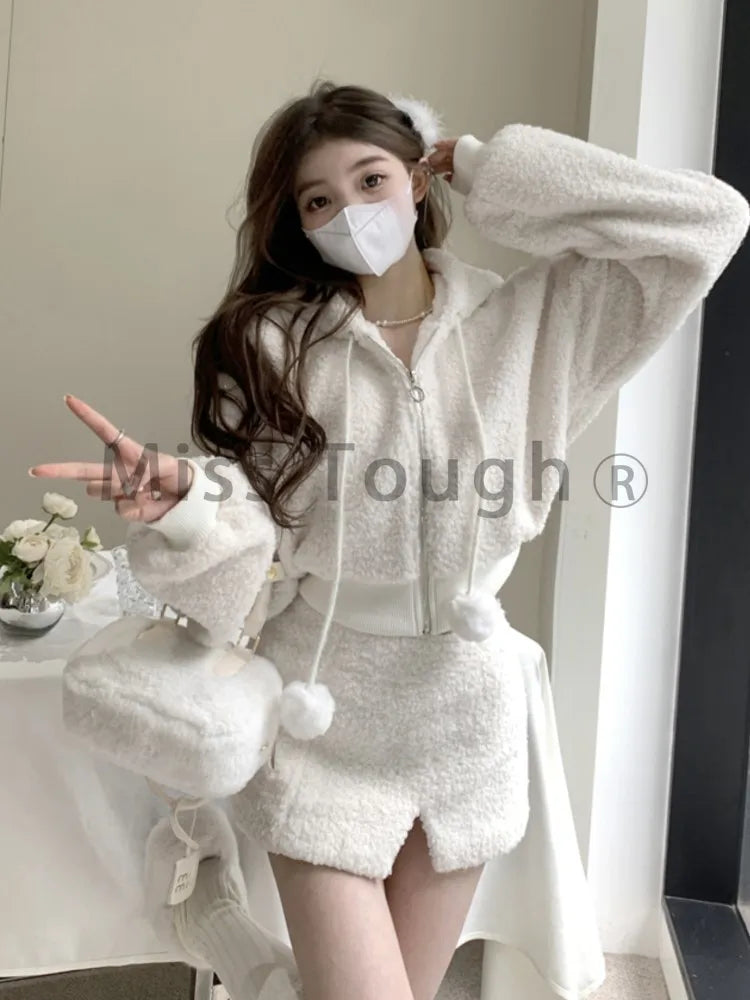 Elegant Solid Two Piece Skirt Sets Women Zipper Hoodies Jacket + Split Mini Skirt Suit Autumn Winter Sexy Korean Style Outfits