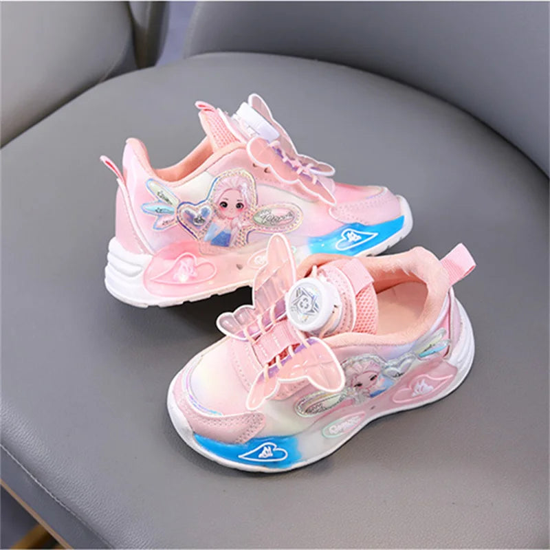 Disney LED Casual Sneakers Spring Girls Frozen Elsa Princess Leather Rotating buckle Shoes Children Lighted Non-slip Pink Purple