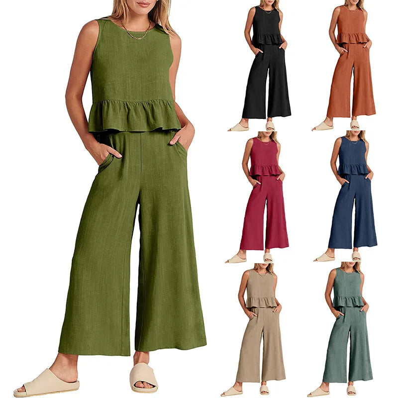 2024 Summer Two Piece Set Women Casual Sleeveless Pleated Pants Sets Wide-leg Loose Clothes 2 Piece Sets O Neck Trouser Suits