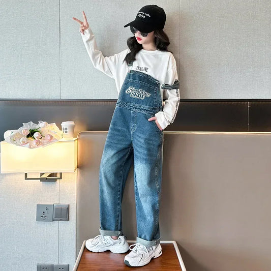 Spring Autumn Girl Jeans Overalls Teens Denim Rompers Children Denim Jumpsuits Jeans Pants for Kids Overalls 6 8 10 12 14 Years