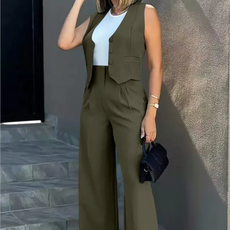 Women Suit Women Vest Elegant Lady Baggy Pants Set Regular Work Pants Set Sleeveless Vest High Waist Wide Leg Pants 2 Piece Sets