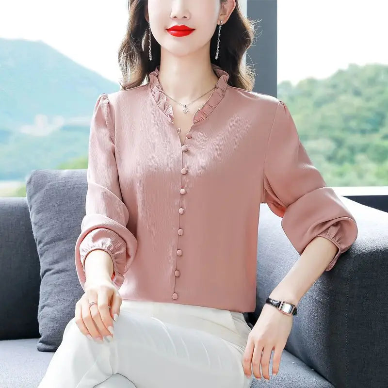 Women's High Quality Silk Ruffled Elegant Blouse Korean Fashion Solid Slim Office Lady Casual Shirt Long Sleeve Chic Tops Blusas