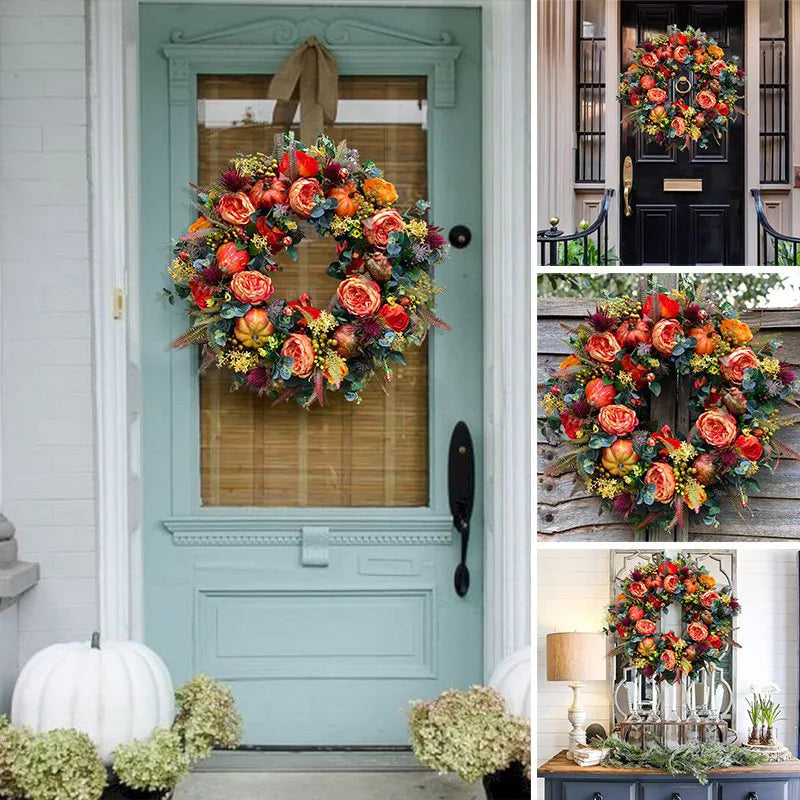 40cm Fall Peony and Pumpkin Wreath Simulation Garland for Front Door Farmhouse Decor Festival Celebration Thanksgiving Wreath