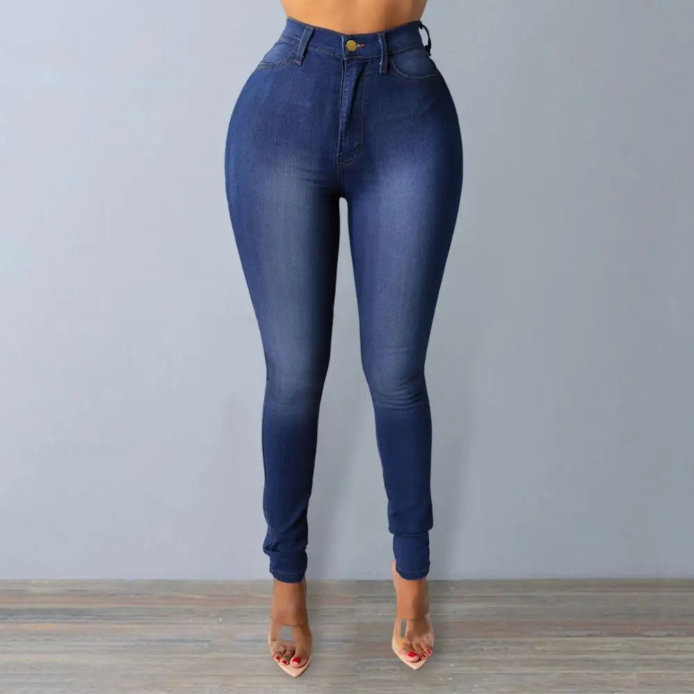 Women Jeans Solid Color Washed Pockets Lady Jeans High Waist Zipper Button Fly Denim Trousers Slim Fit Female Pencil Trousers