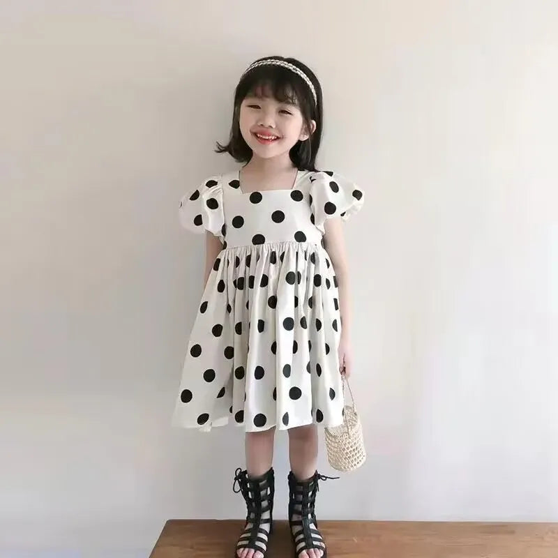 Girls' Summer Short Sleeve Dress New Polka Dot Korean Edition Children's Cute Bubble Sleeve Open Back Princess Dress