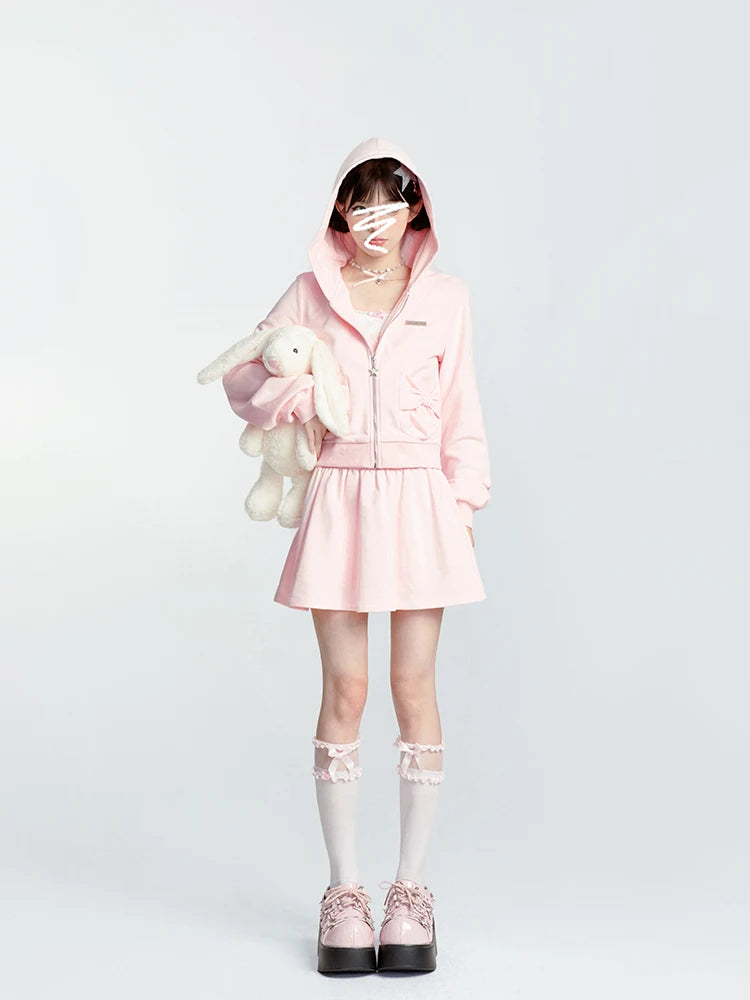 Japanese Style Sweet Pink Sweatshirt Set Y2k Girl Hooded Zipper Hoodies High Waist A-line Pleated Mini Skirt Two-piece Set Women