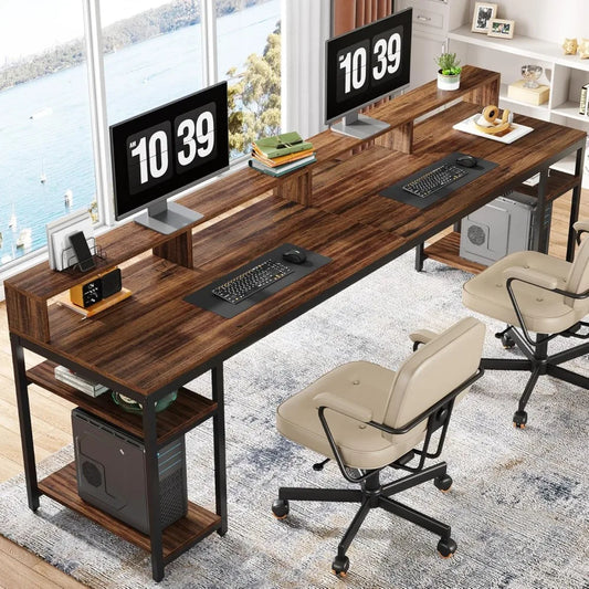 Two Person Desk with Monitor Stand, 78.74" Long Double Computer Office Desk with Storage Shelves, Large Gaming Desk Study