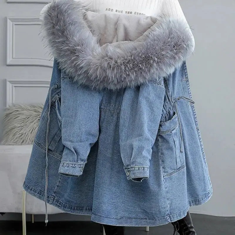 Women Jeans Coat 2024 New Winter Coat Thick Wool Denim Jacket Korea Loose Fur Collar Hooded Long Clothes Female Outerwear R375