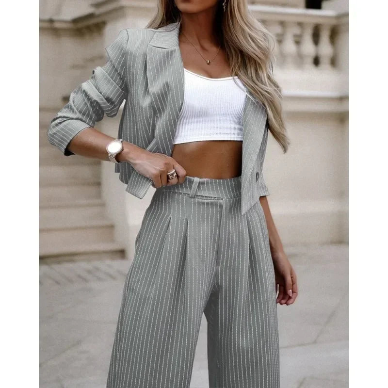2024 Spring Summer New Women's Suit Solid Color Striped Short Style Lapel Suit Straight-Leg Pants Suit Blazer Jacket Long Pants