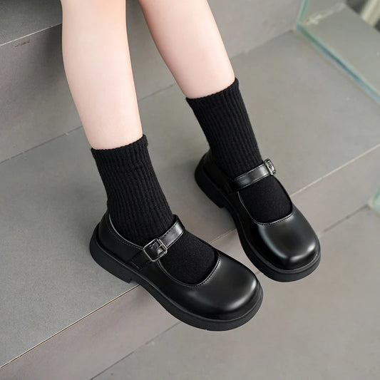 2024 New Girls Leather Shoes Versatile Buckle Black Children Casual School Shoes PU Non-slip Kids Fashion Loafers Korean Style