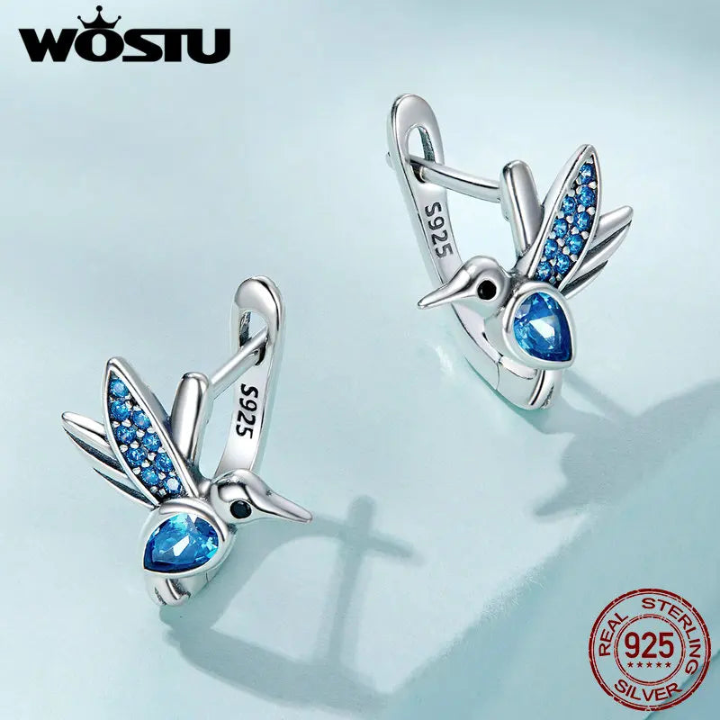 WOSTU 925 Sterling Silver Humming Bird Hoop Earrings For Women Blue Crystal Drop Ear Clips Earring Ladies luxury Wedding Jewelry