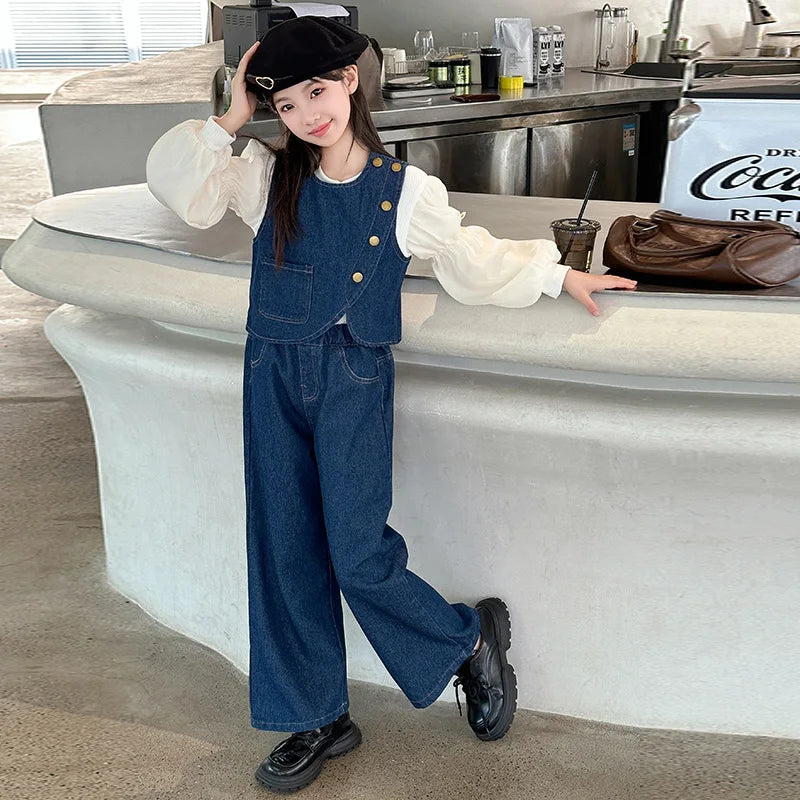 autumn teen girls denim suit Irregular cowboy vest+bubble sleeve shirt+denim wide leg pants junior kids jeans suit child outfits