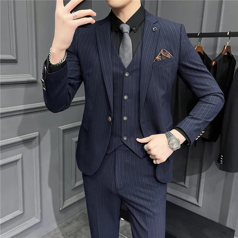 [Jacket+Vest+Pants] 2022 men's striped business suit jacket/men's slim cotton three-piece suit/men's plaid groom dress S-4XL