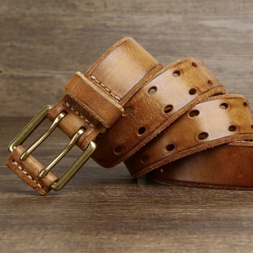 Belt For Men Leather Work Heavy Duty Double Buckles Dlawed Genuine Leather 3.8cm Male Copper Buckle Retro Brown  Men's Belt