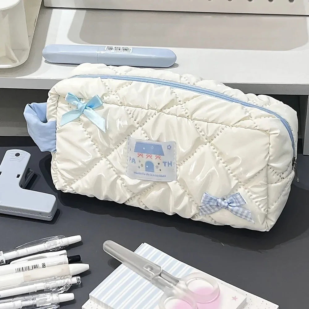 Korean Sweet Bow Pencil Case Student Girls Large Capacity Pencil Bag Portable INS Cosmetic Case Stationery School Supplies