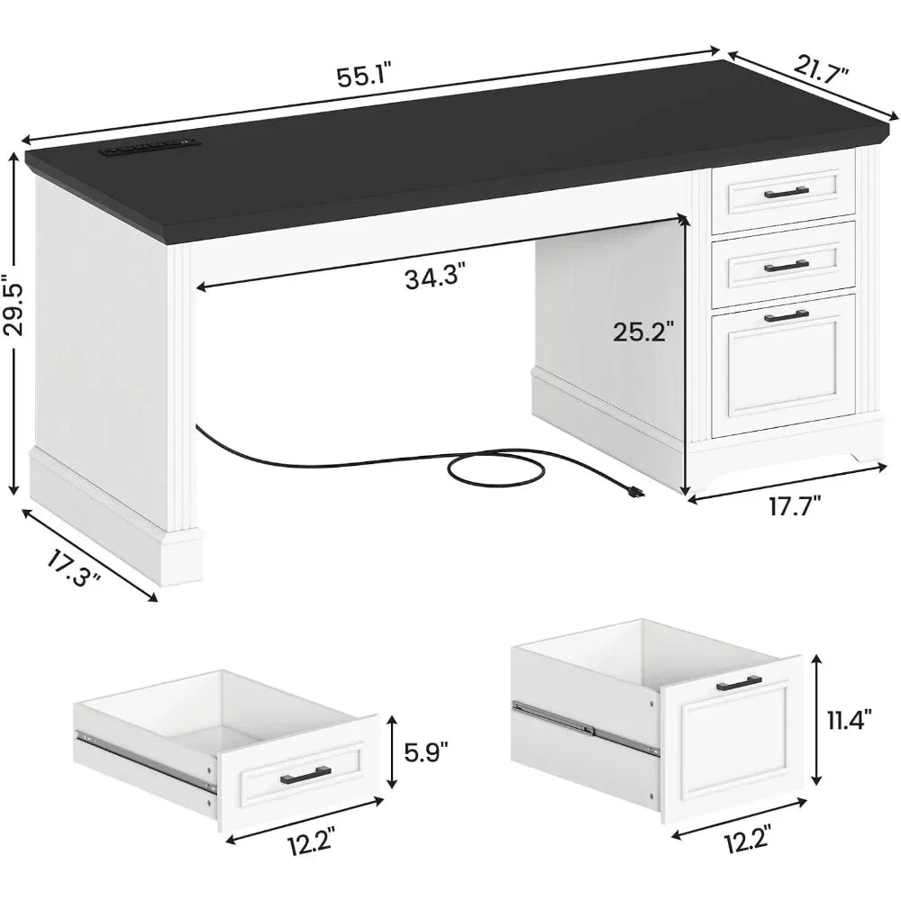 Office Desk with 3 Drawers, 55" Executive Computer Desk with Storage Drawers, Farmhouse Desk with Power Outlet for Home Office
