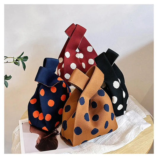 Fashion Polka Dot Knitted Bag Hollow Out Tote Ladies Female Woven Shopper Purse Women's Portable Handbag Key Phone Pouch