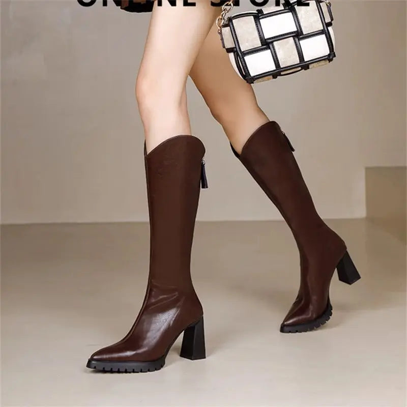 Elegant Heeled Women's Long Boots High Heels Leather Brown Ladies Knee Shaft Shoes Pointed Toe Waterproof Y2k Chic New Rock Work