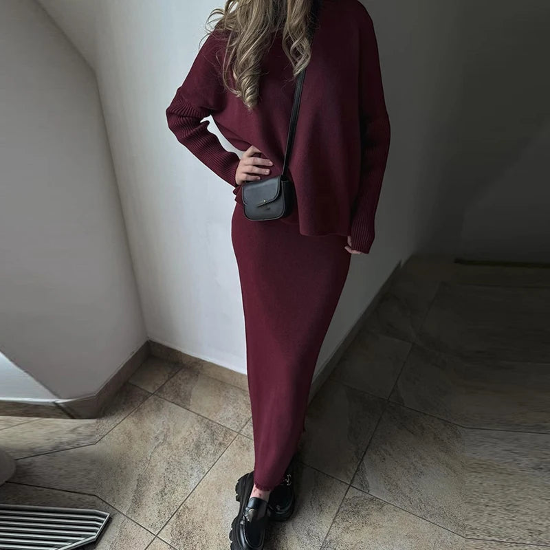 Casual O-neck Long Sleeved Sweater + Skirt Suits Vintage Commuting Slim Outfit 2024 Autumn Winter Knitted Women's Two Piece Sets