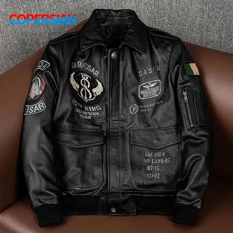 2025New Men’s Flying Suit Genuine Leather Coat Cowhide Indian Embroidery Motorcycle Jackets