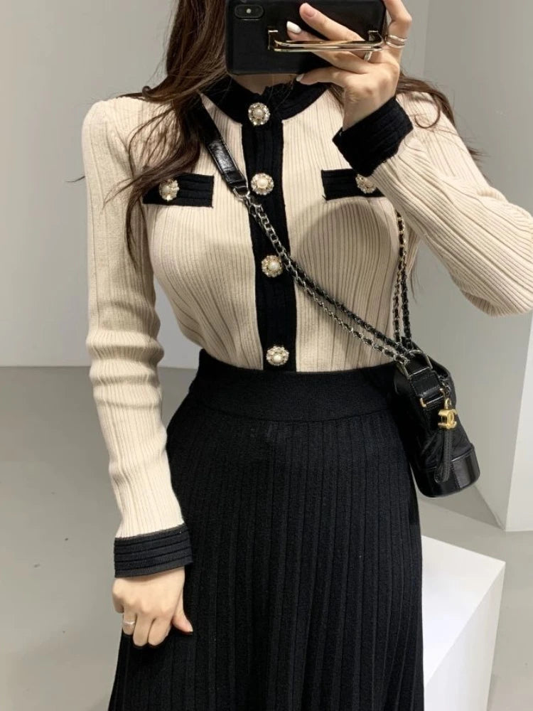 Women's Knitted Suit Long Sleeve Single Breasted Cardigan Sweater and A-line Midi Skirt Ladies Two Piece  Set Outfits G669