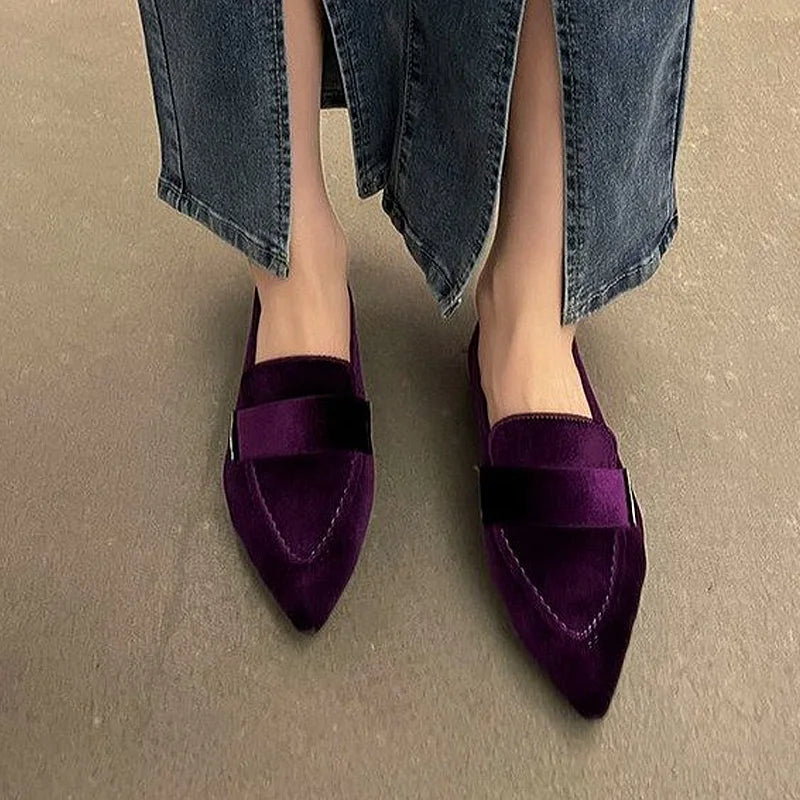 Women Luxury Velvet Moccasins Fashion Pointed Toe Loafers Ladies 2023 Spring New Purple Velour Ballet Flat Shoes