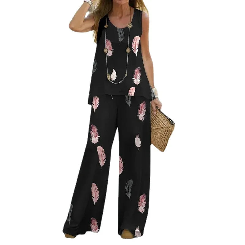 2023 Women 2 Piece Outfits Boho Casual Printed Vest Sleeveless Top Loose Wide Leg Pants Trousers Two Piece Set Elegant Suit