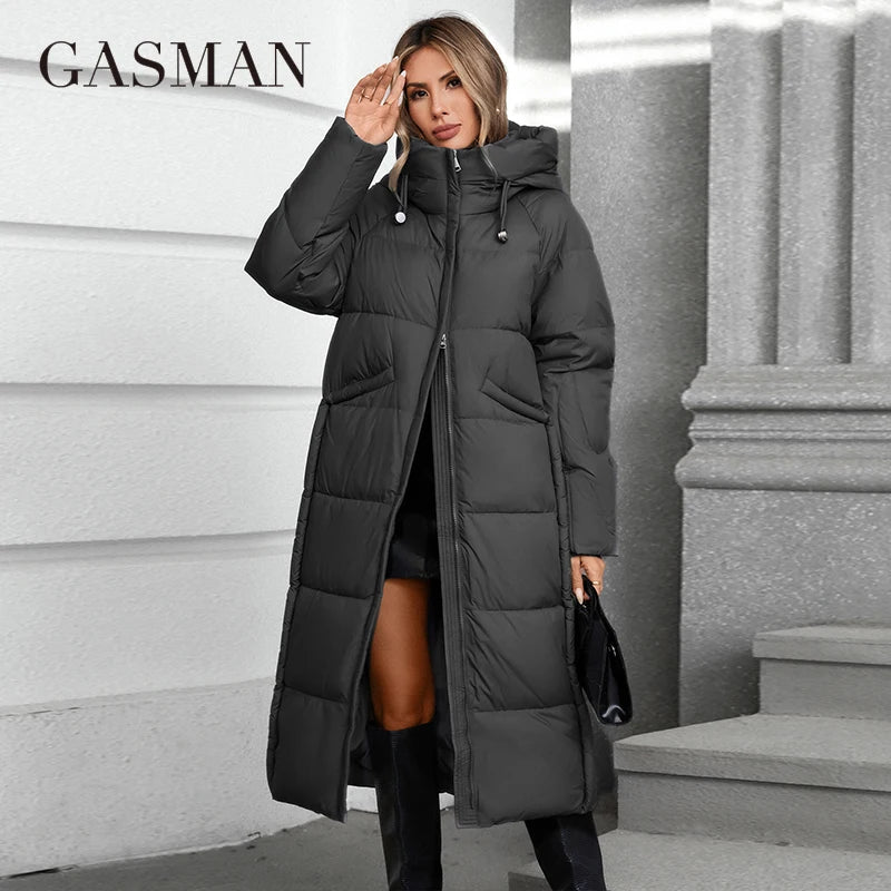 GASMAN 2024 Women down Jacket Long Classic zipper design Big Pocket Stand Collar Hooded Slim coat Women Parkas 88606